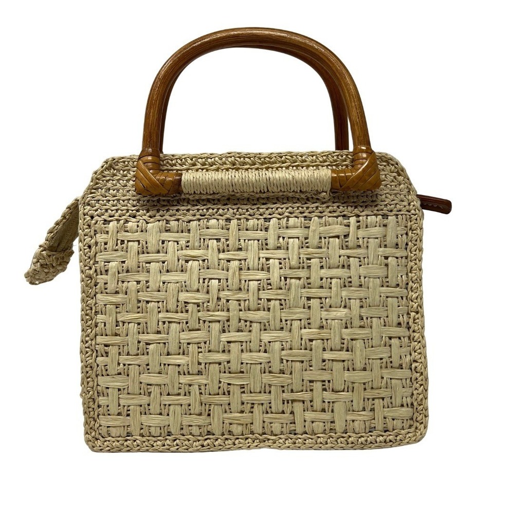 Fossil Straw Woven Top Handle Bag Floral Embroidered Wood Handle Handbag - Picture 3 of 14